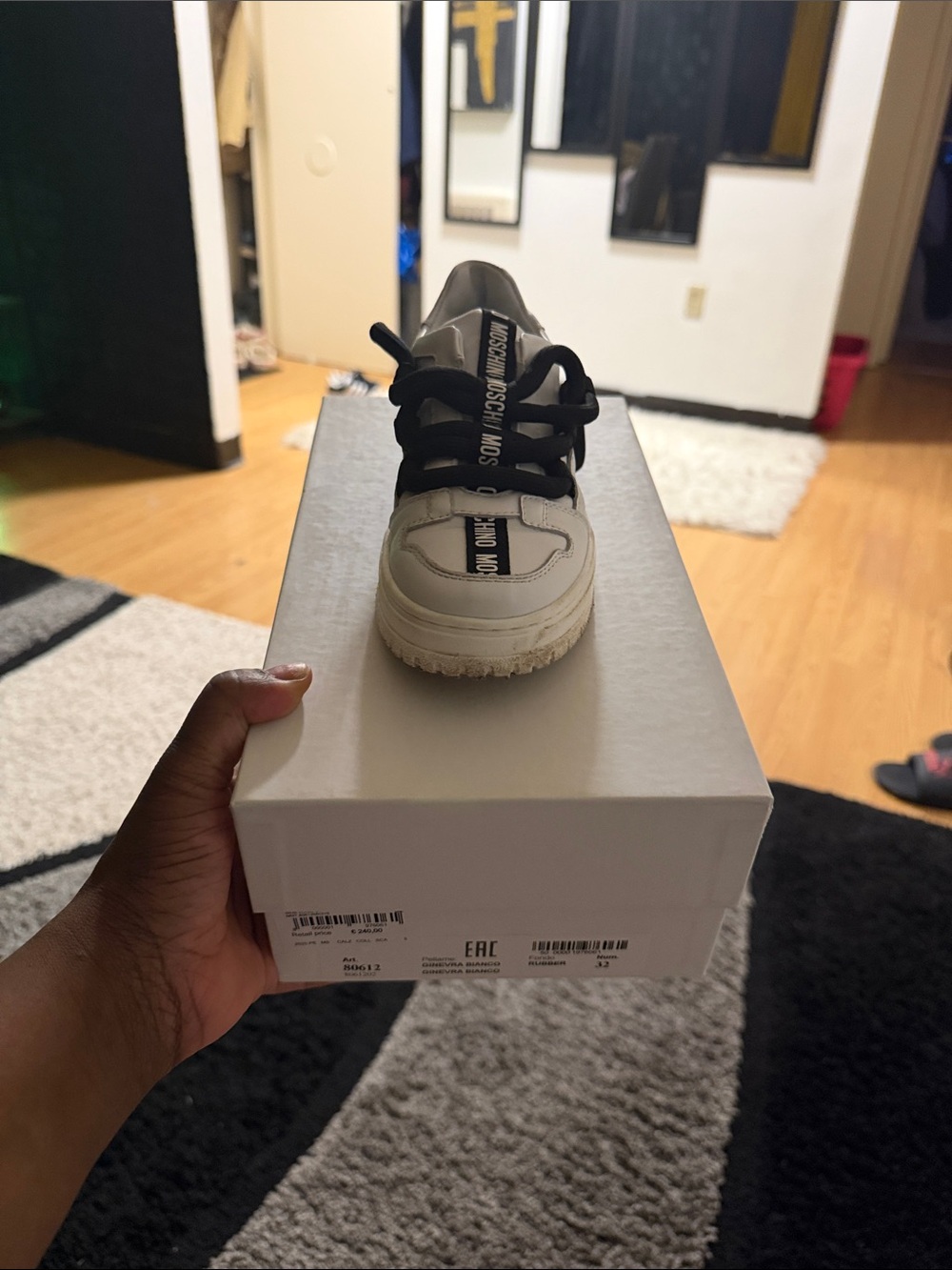 Moschino White Leather Kids Sneakers with Black Laces
